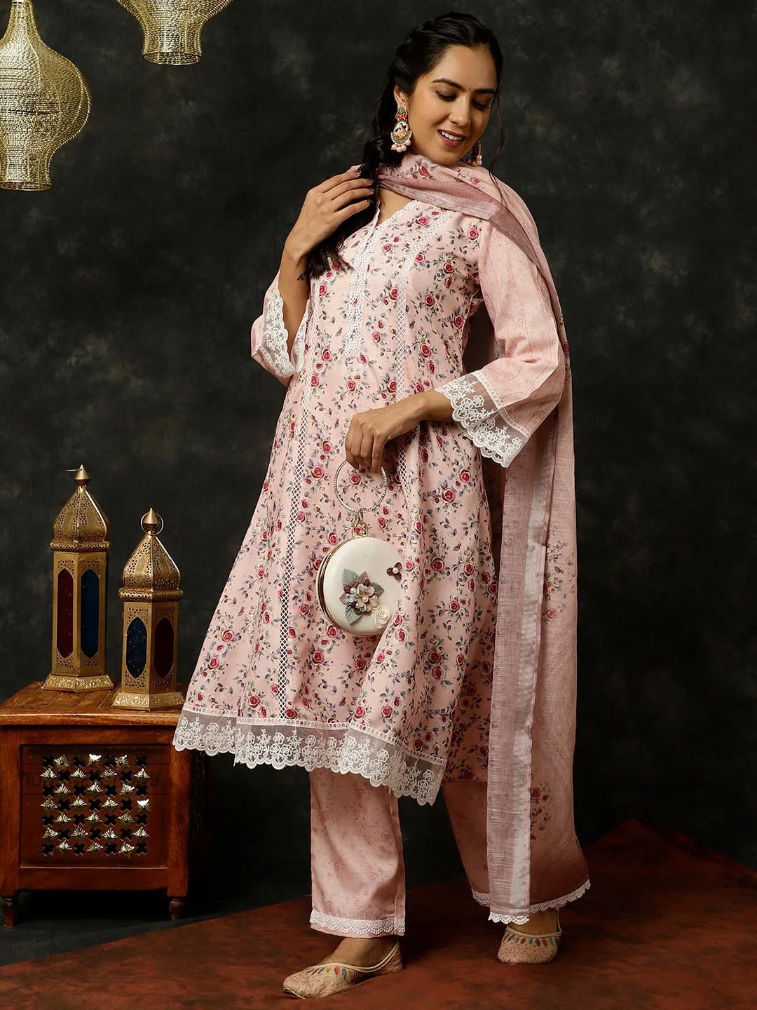 Pink Rose Printed A-line Kurta With Palazzo And Dupatta