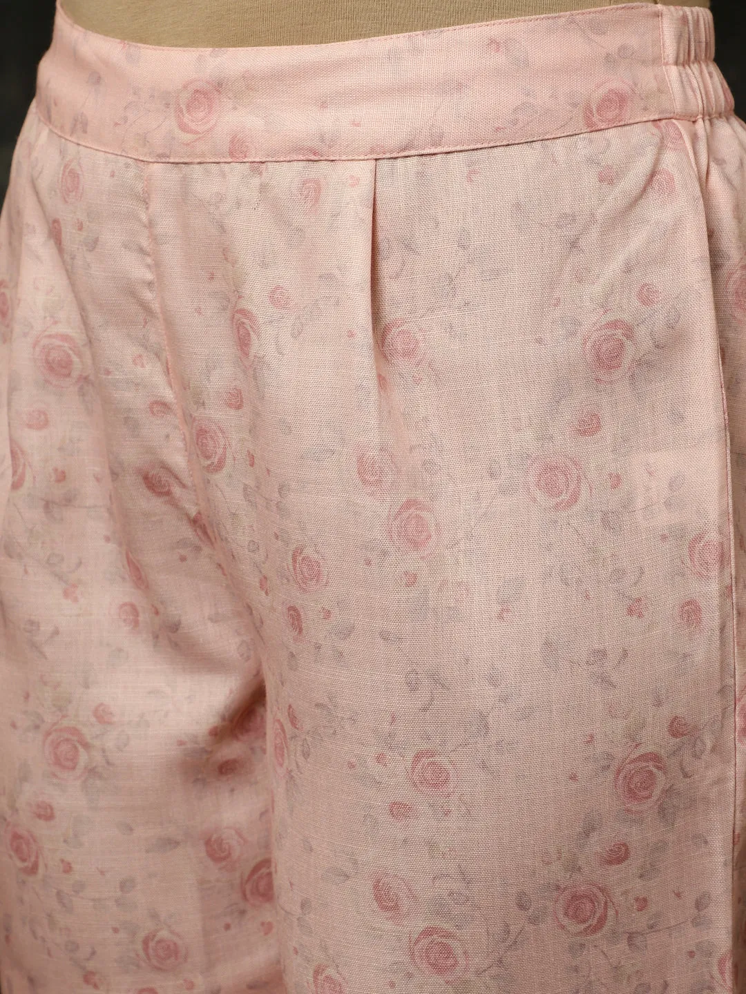 Pink Rose Printed A-line Kurta With Palazzo And Dupatta