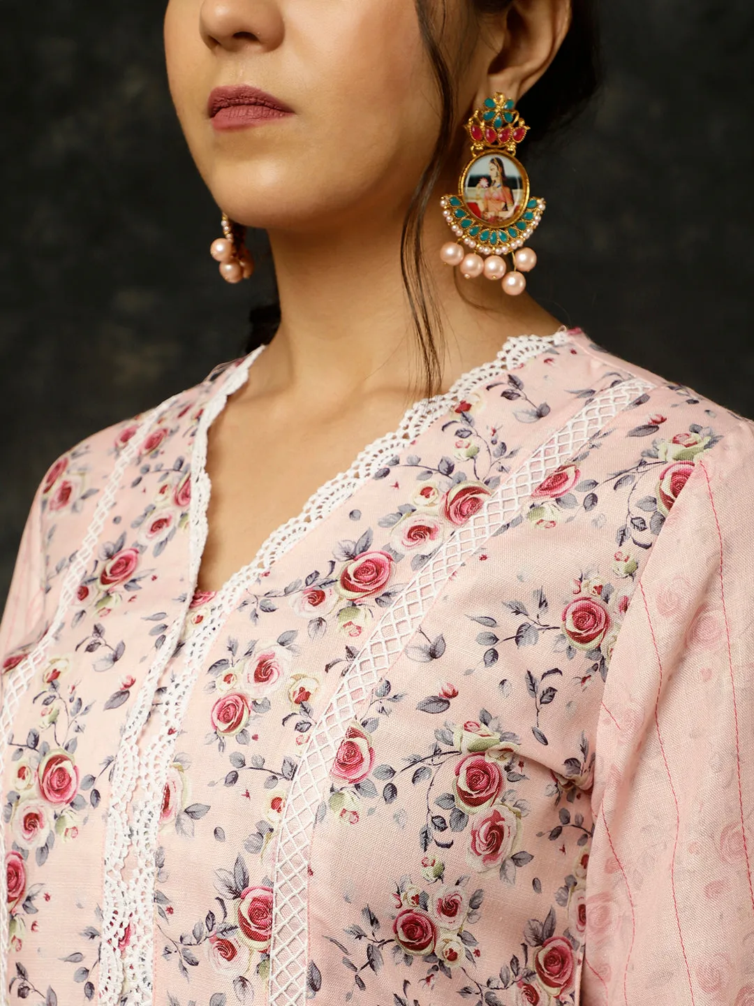 Pink Rose Printed A-line Kurta With Palazzo And Dupatta