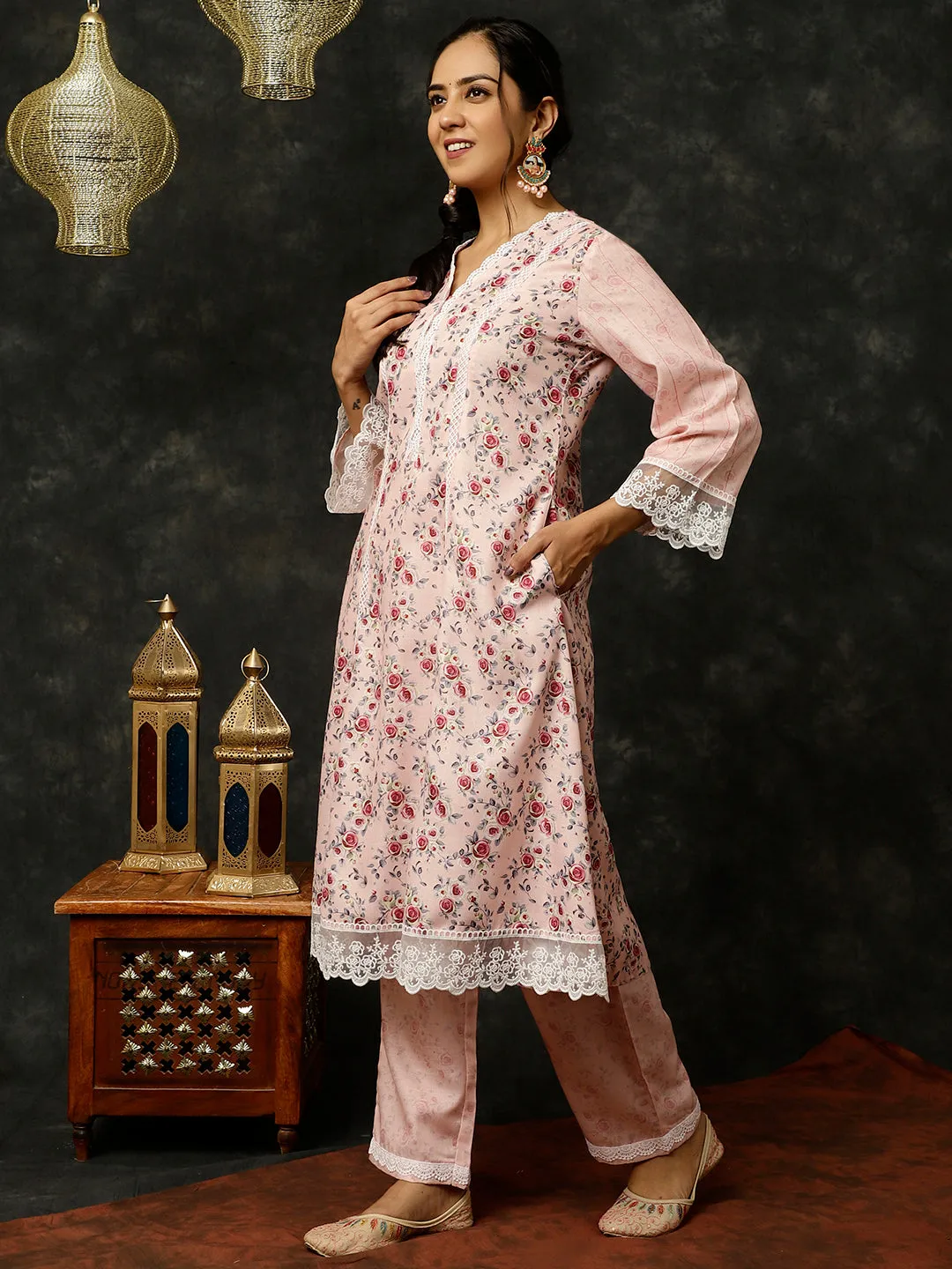 Pink Rose Printed A-line Kurta With Palazzo And Dupatta