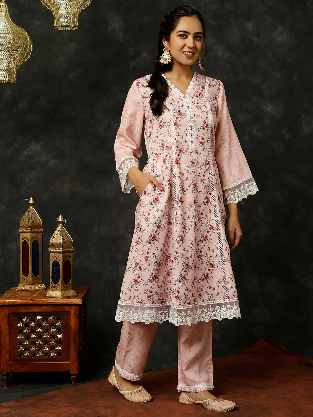 Pink Rose Printed A-line Kurta With Palazzo And Dupatta