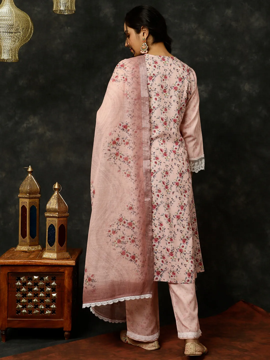 Pink Rose Printed A-line Kurta With Palazzo And Dupatta