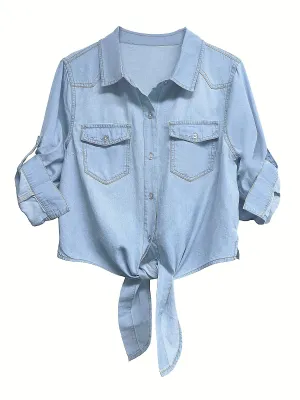 Plain Light Washed Blue Knot Front Casual Style Button Up Denim Shirts Top, Women's Denim Jeans & Clothing