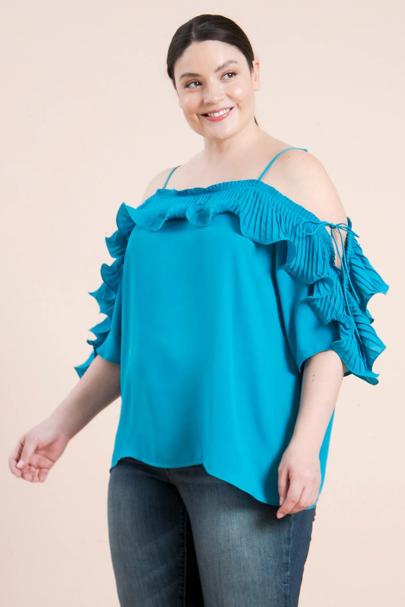 Plus-Size Lopez Turquoise Cold Shoulder Ruffled Pleat Top