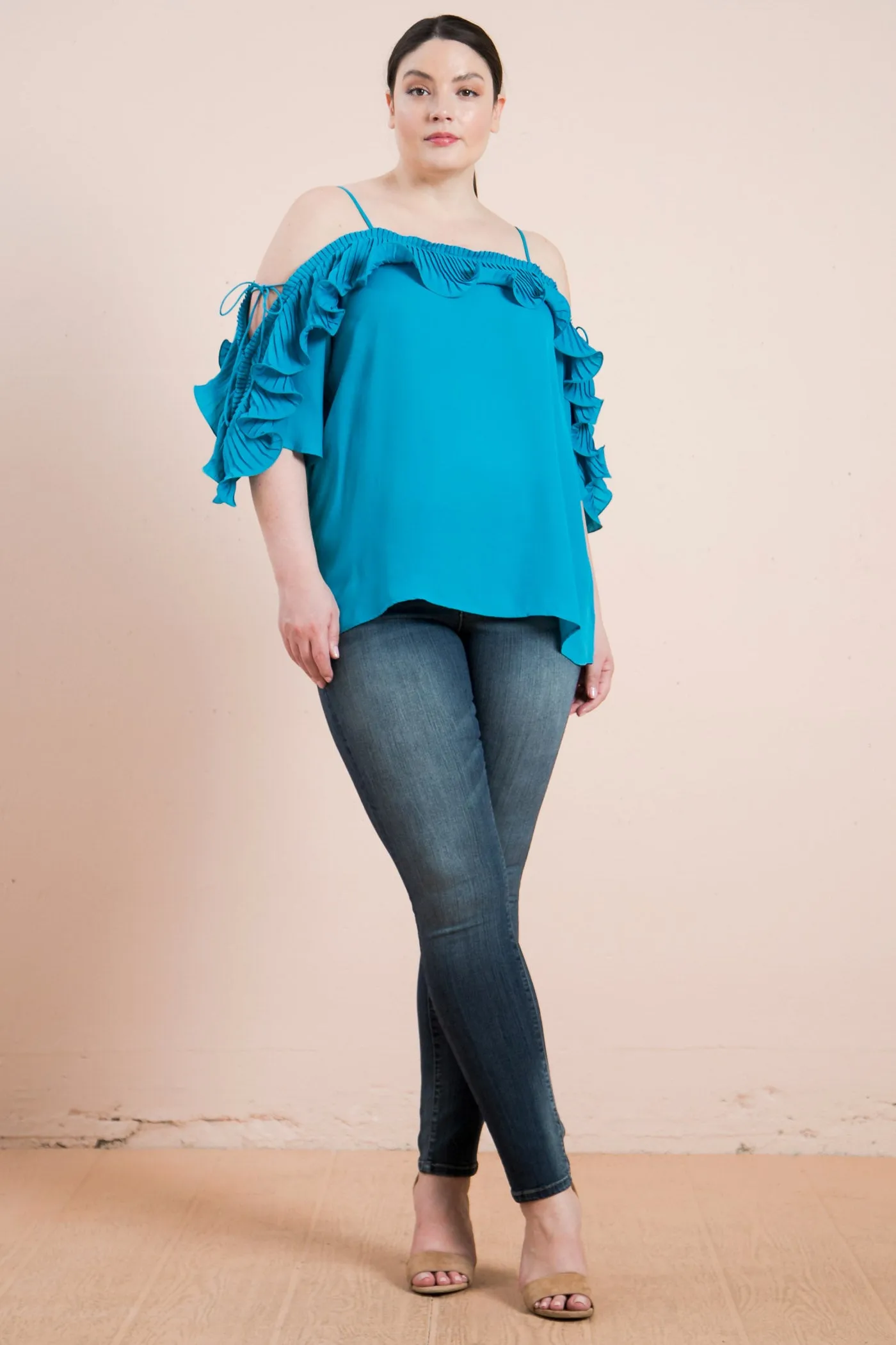 Plus-Size Lopez Turquoise Cold Shoulder Ruffled Pleat Top