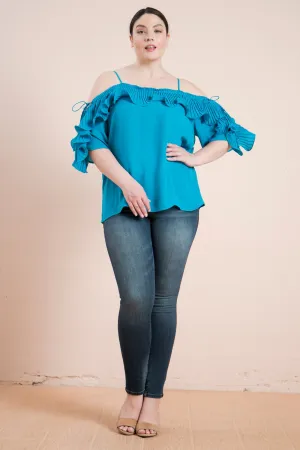 Plus-Size Lopez Turquoise Cold Shoulder Ruffled Pleat Top