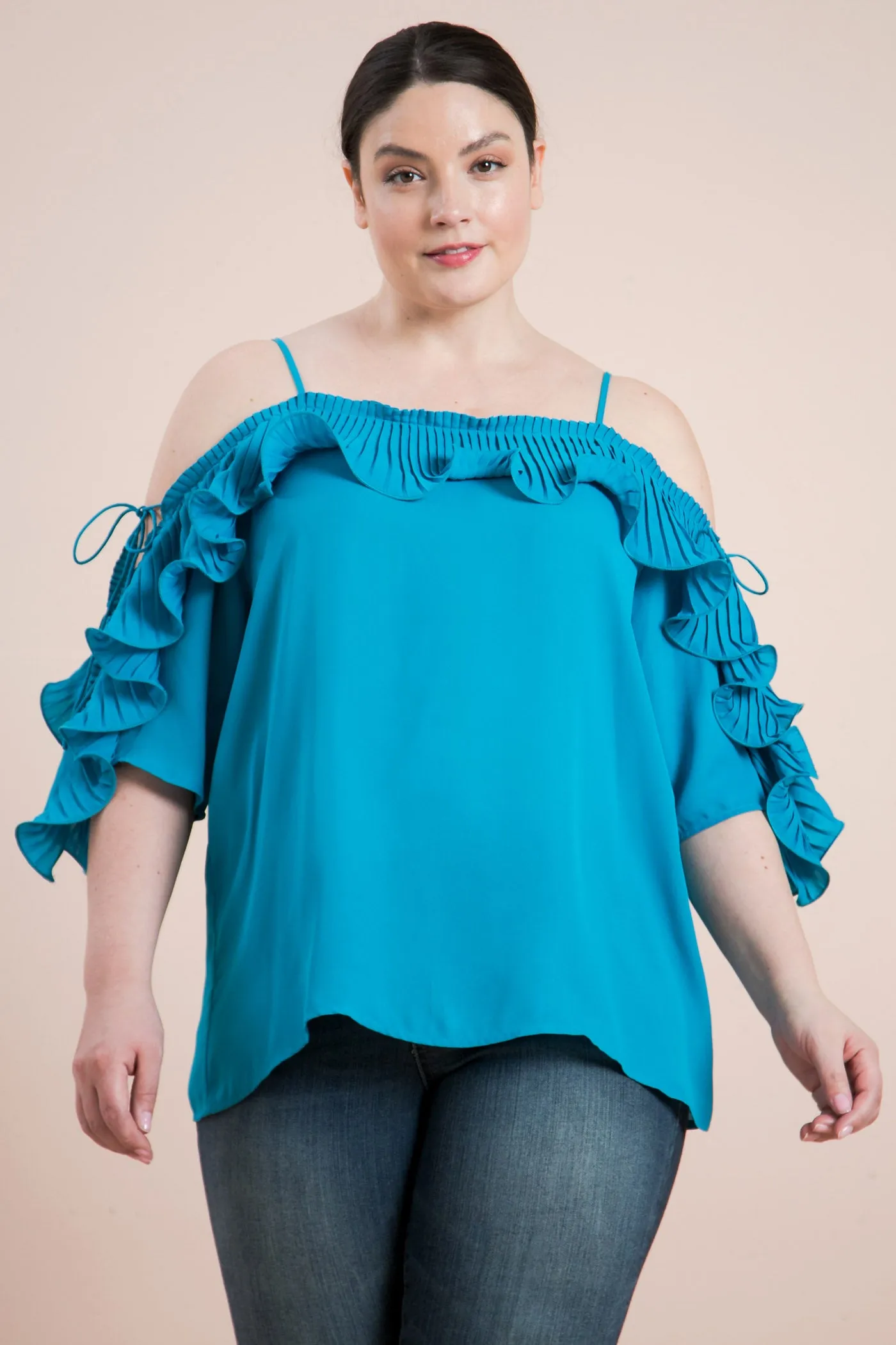 Plus-Size Lopez Turquoise Cold Shoulder Ruffled Pleat Top