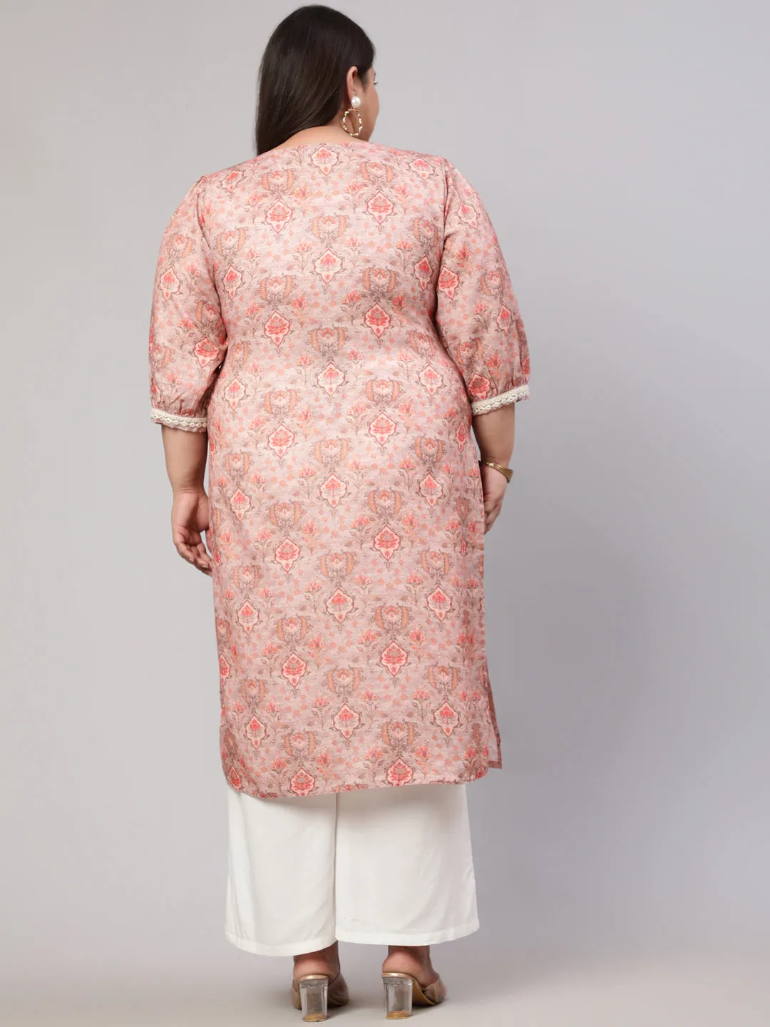 Plus Size Peach Mirror Work Printed Straight Kurta