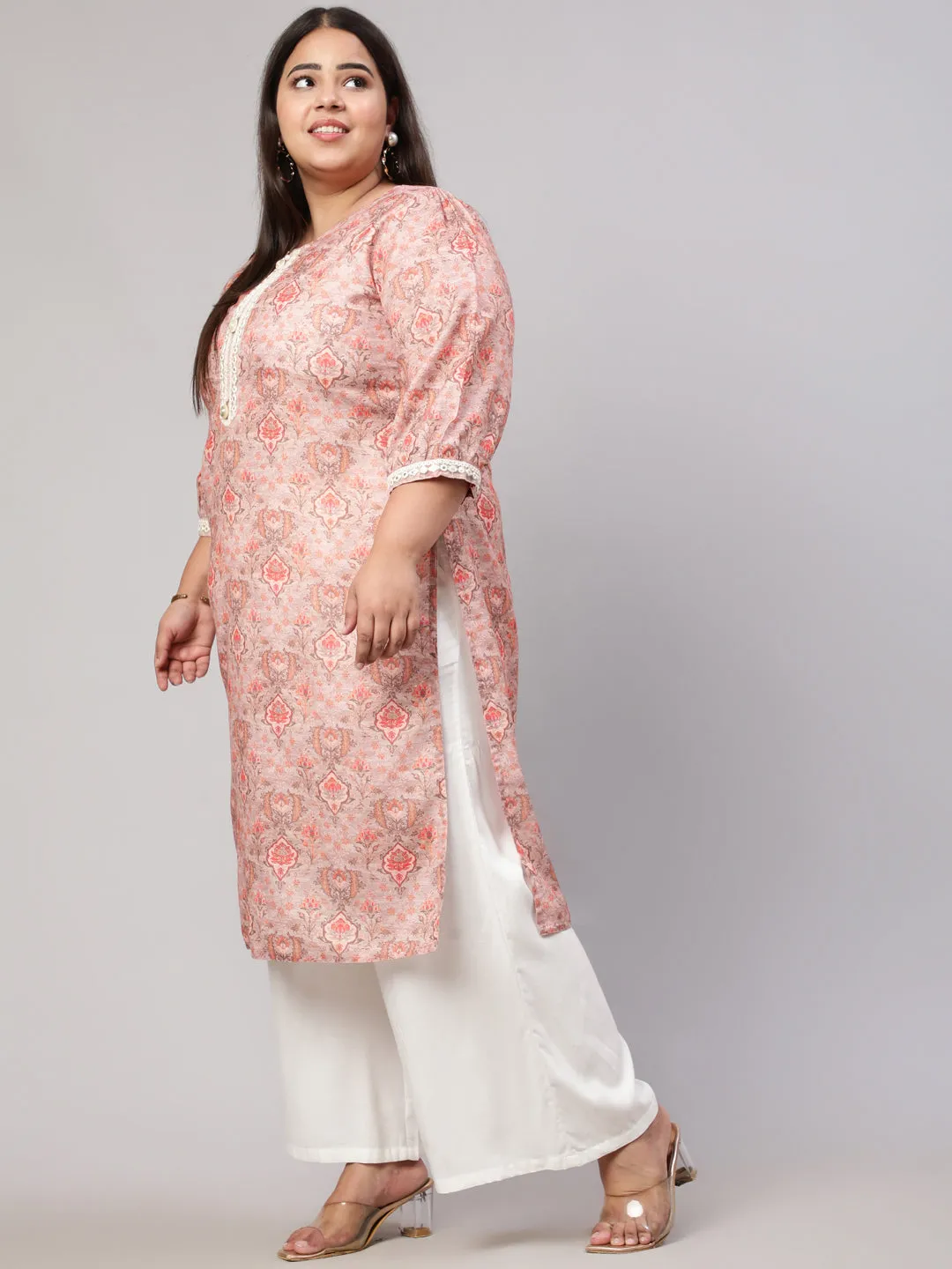 Plus Size Peach Mirror Work Printed Straight Kurta