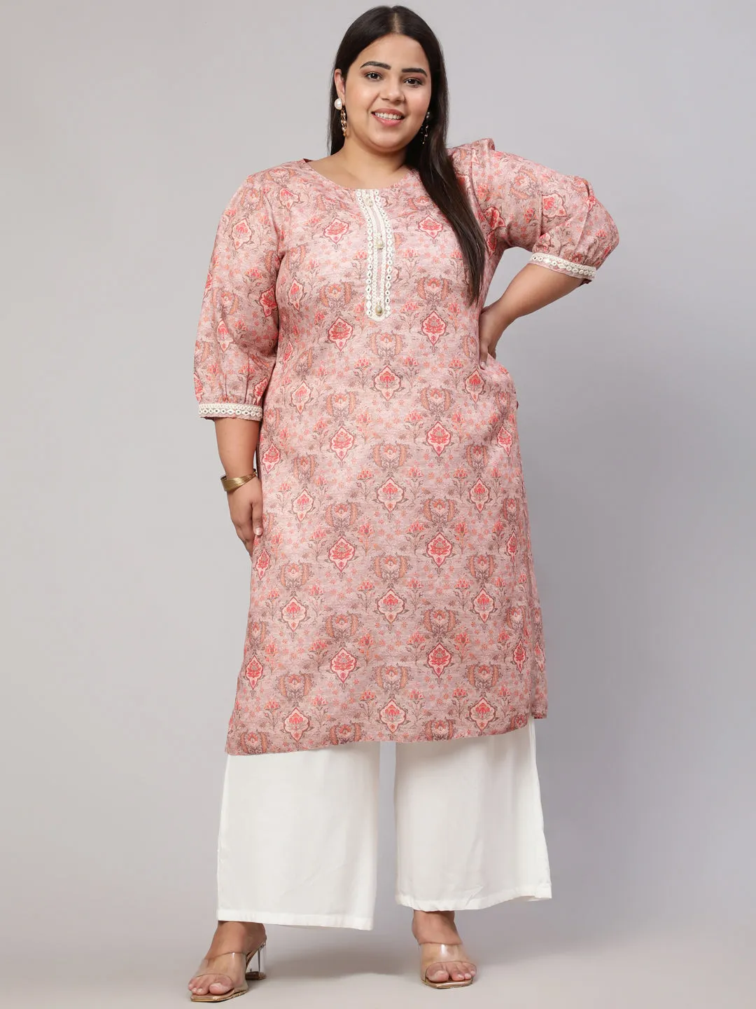 Plus Size Peach Mirror Work Printed Straight Kurta