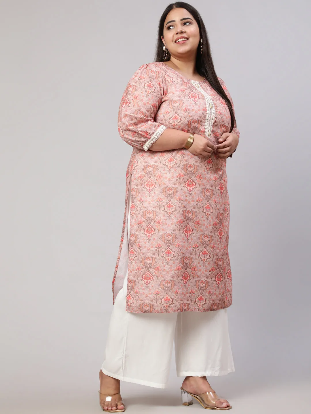 Plus Size Peach Mirror Work Printed Straight Kurta