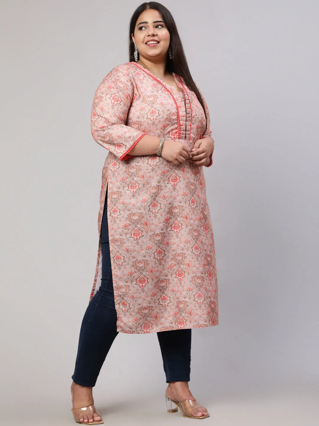 Plus Size Peach Ruffled Printed Straight Kurta