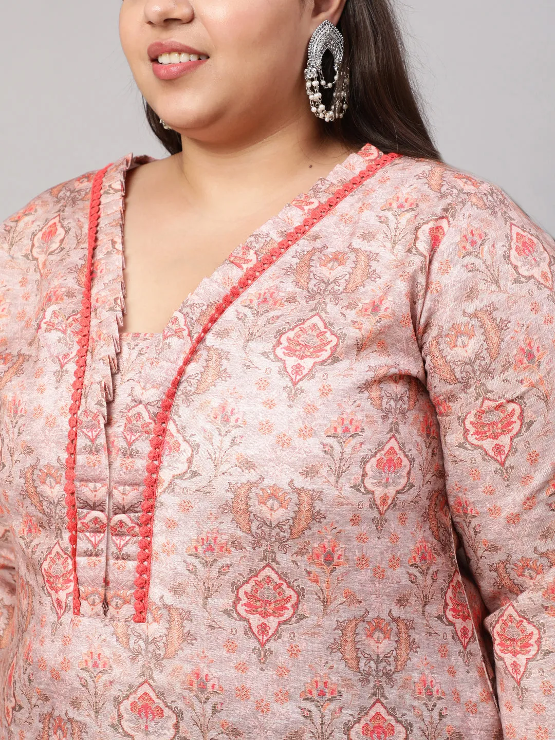 Plus Size Peach Ruffled Printed Straight Kurta