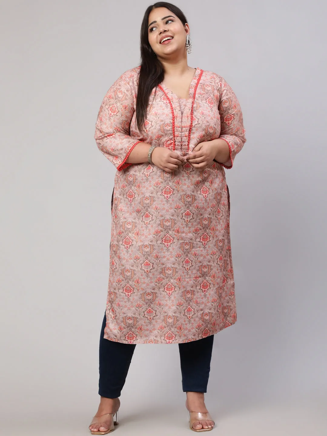 Plus Size Peach Ruffled Printed Straight Kurta