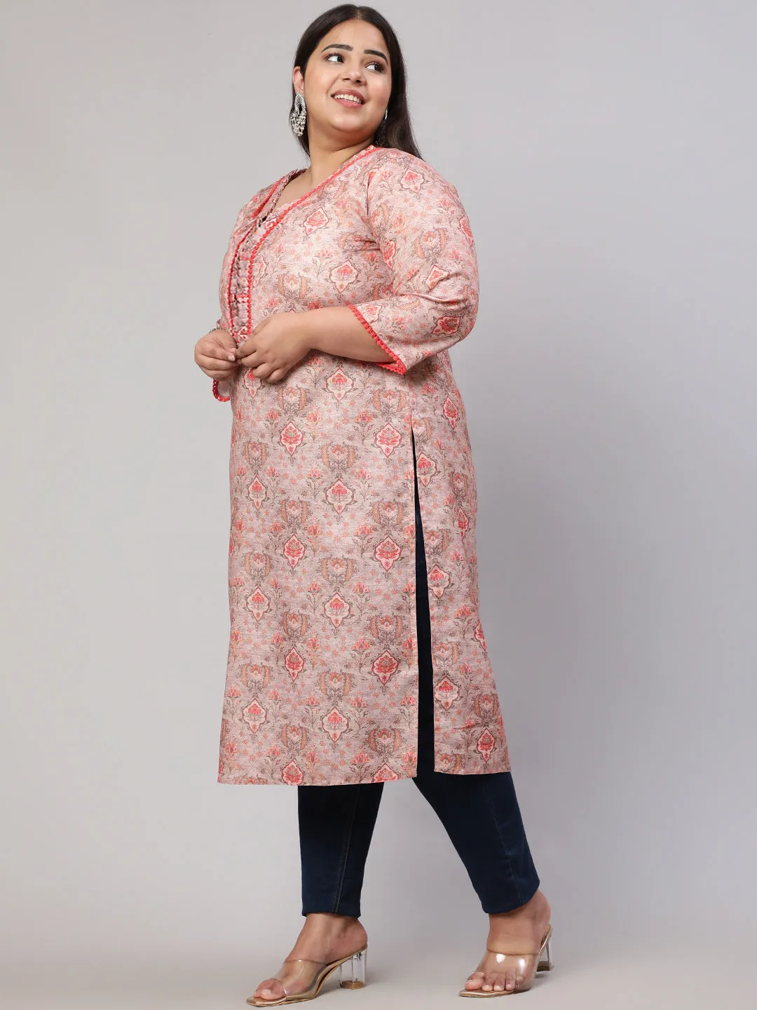 Plus Size Peach Ruffled Printed Straight Kurta