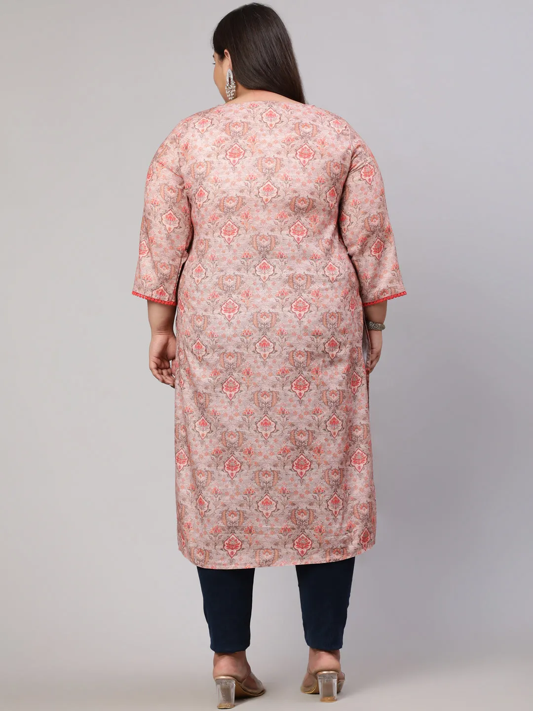 Plus Size Peach Ruffled Printed Straight Kurta