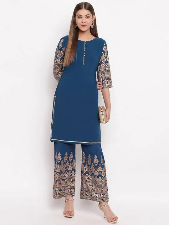 Poly Crepe Teal Blue Kurta Palazzo Set