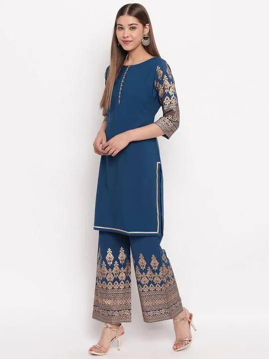 Poly Crepe Teal Blue Kurta Palazzo Set