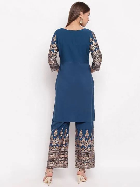 Poly Crepe Teal Blue Kurta Palazzo Set