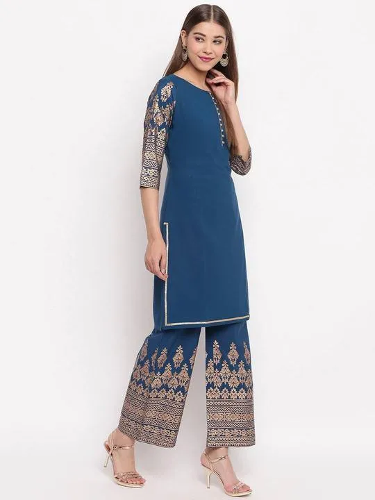 Poly Crepe Teal Blue Kurta Palazzo Set