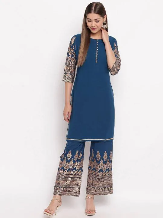 Poly Crepe Teal Blue Kurta Palazzo Set