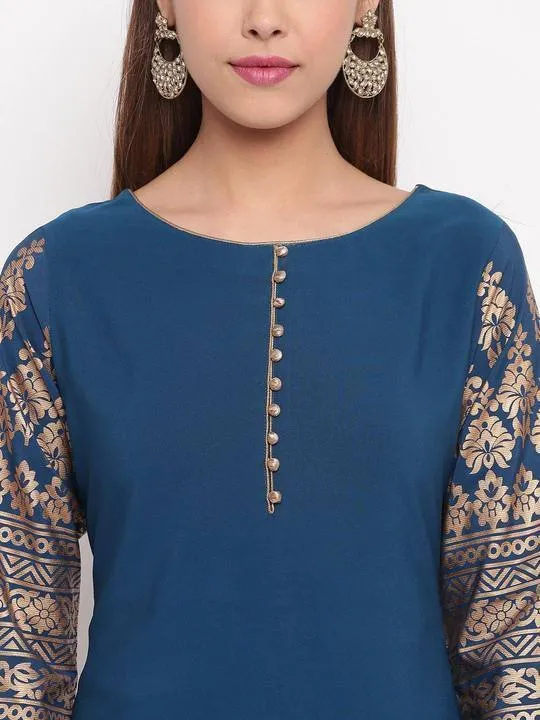 Poly Crepe Teal Blue Kurta Palazzo Set