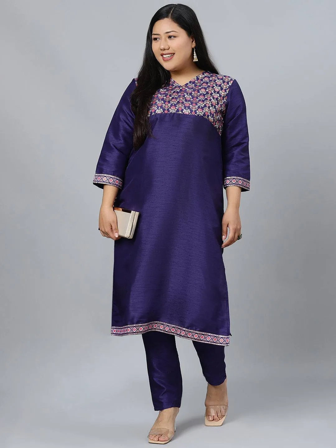 Poly Silk Dark Blue Foil Print Kurta Palazzo Set