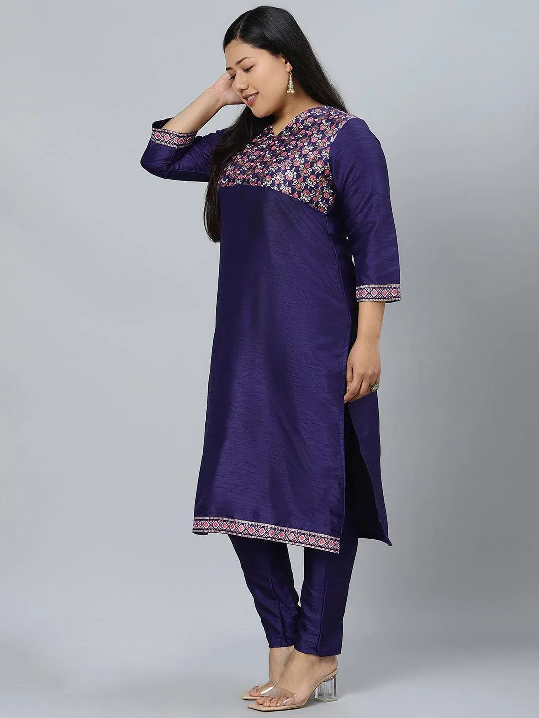 Poly Silk Dark Blue Foil Print Kurta Palazzo Set