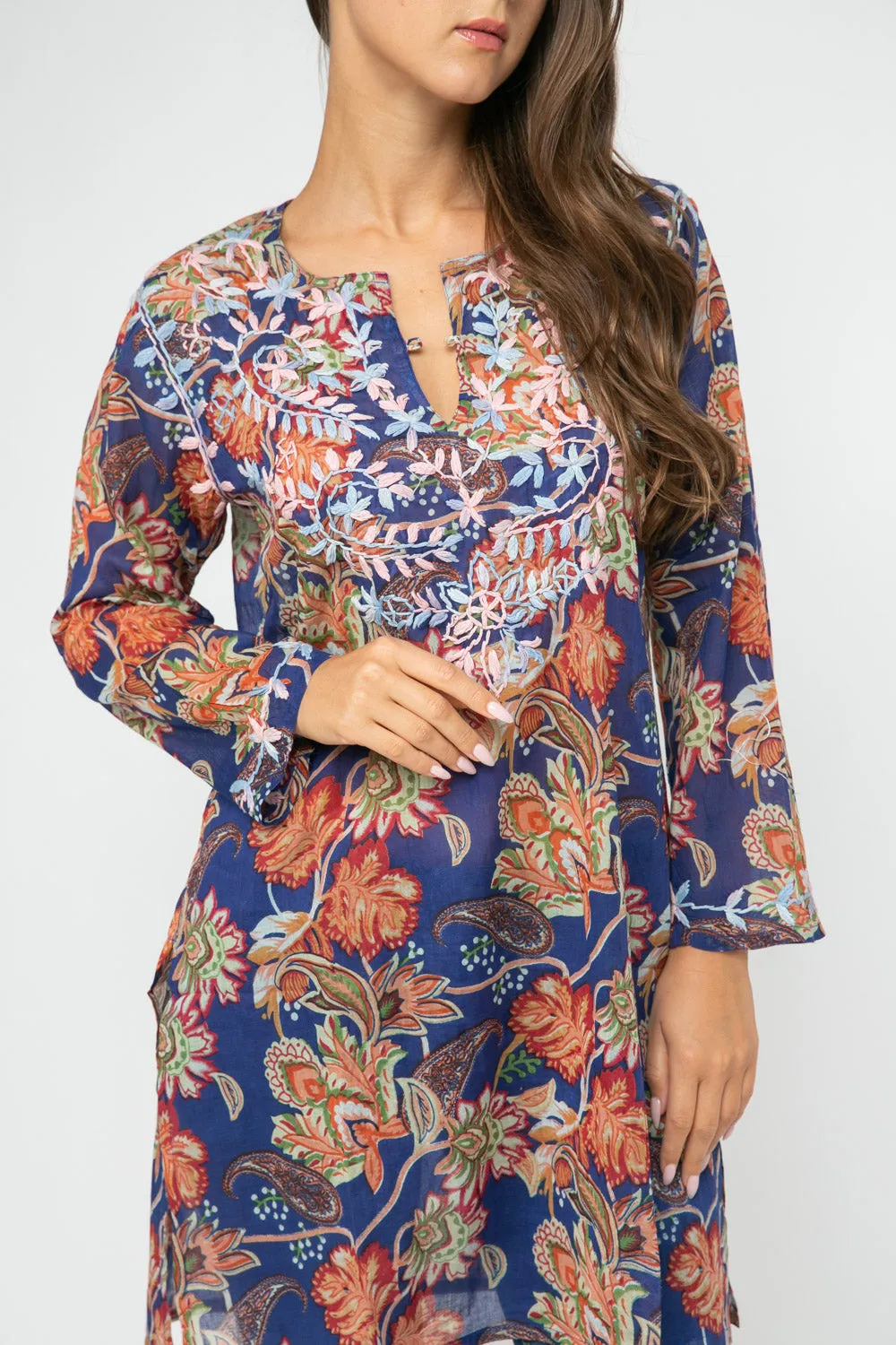 RAJ CARLYLE COBALT PRINTED EMBROIERED TUNIC