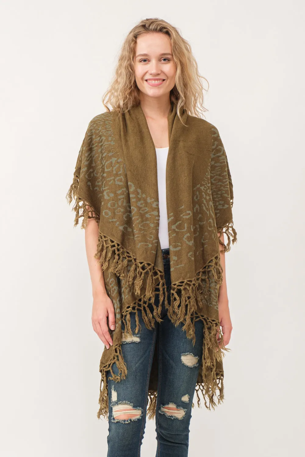 RAJ MAE SPOTTED LEO BORDER PONCHO OLIVE