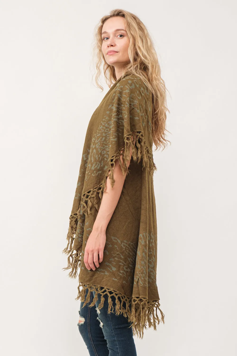 RAJ MAE SPOTTED LEO BORDER PONCHO OLIVE