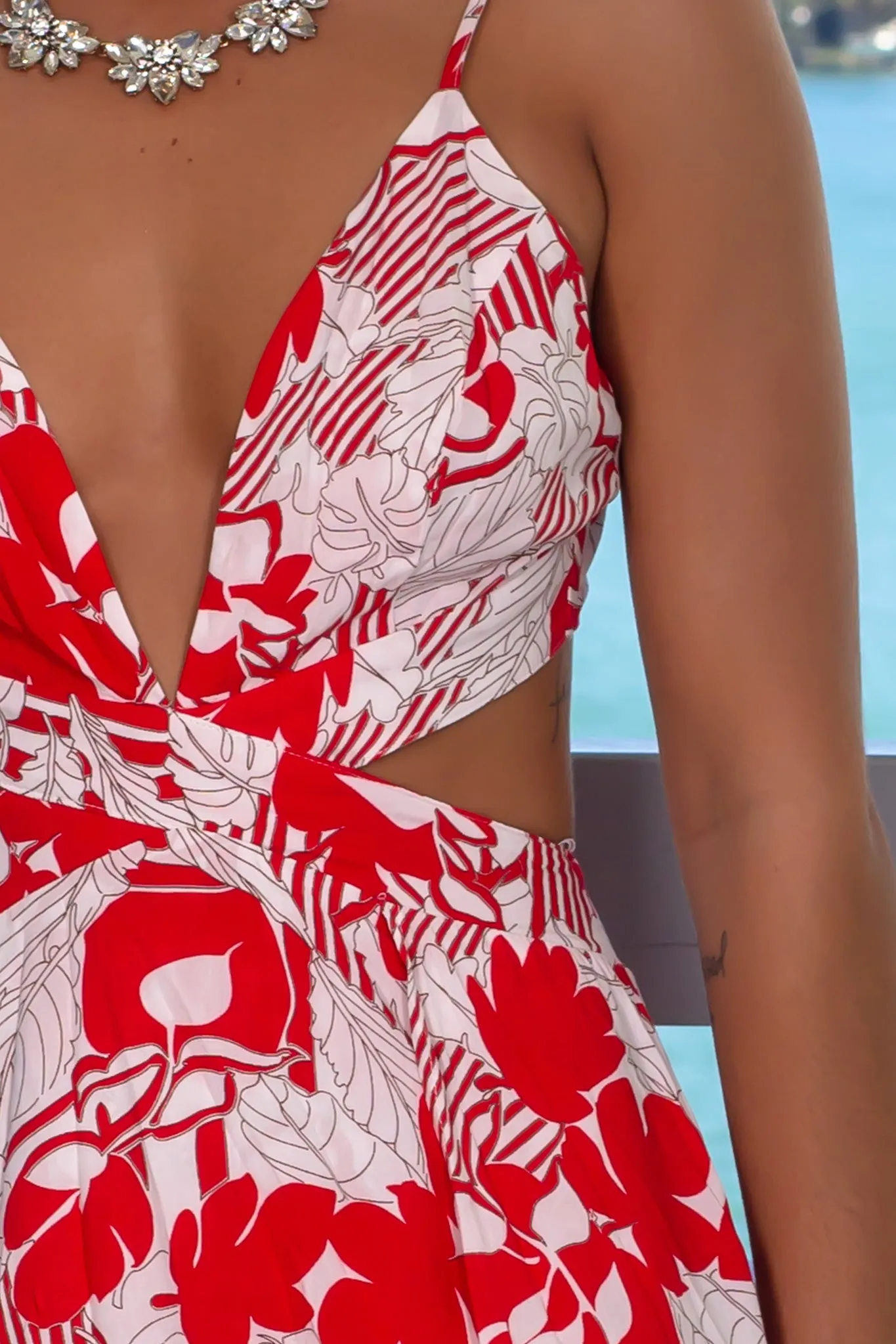 Red Printed Maxi Dress with Cut Outs