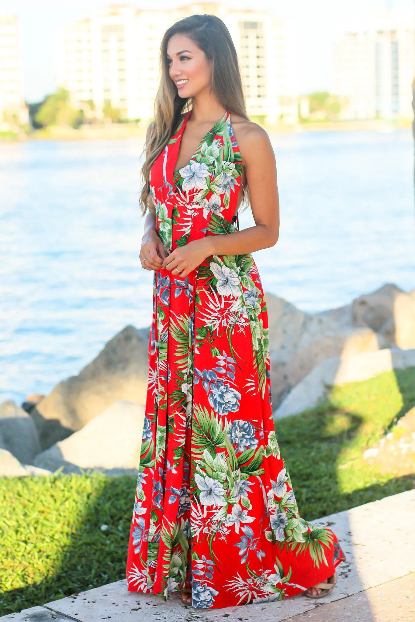 Red Tropical Halter Neck Maxi Dress