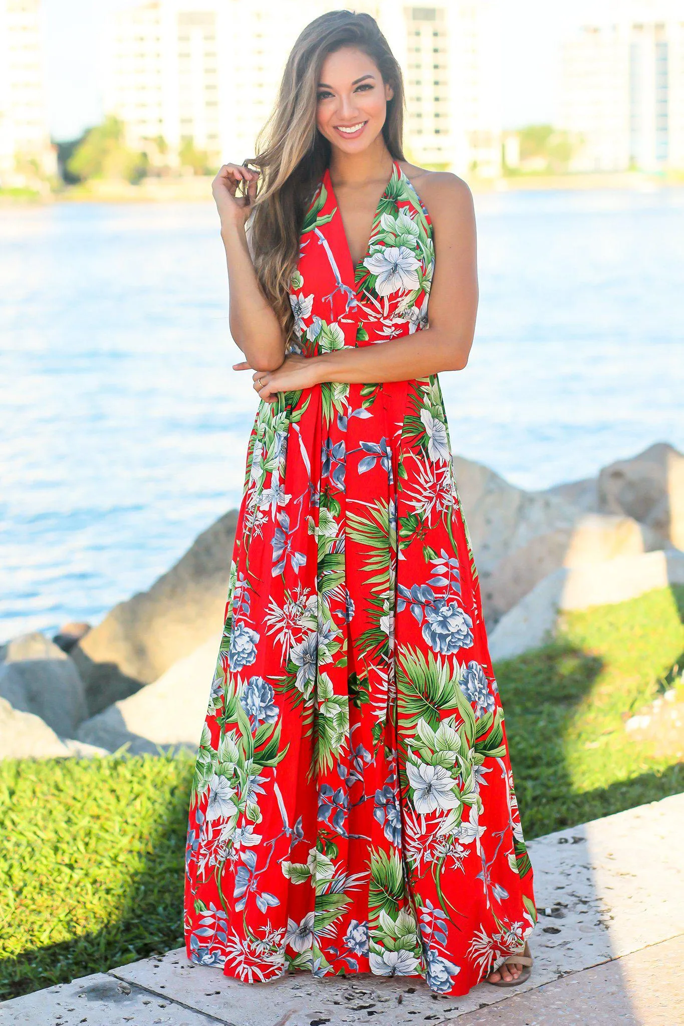 Red Tropical Halter Neck Maxi Dress