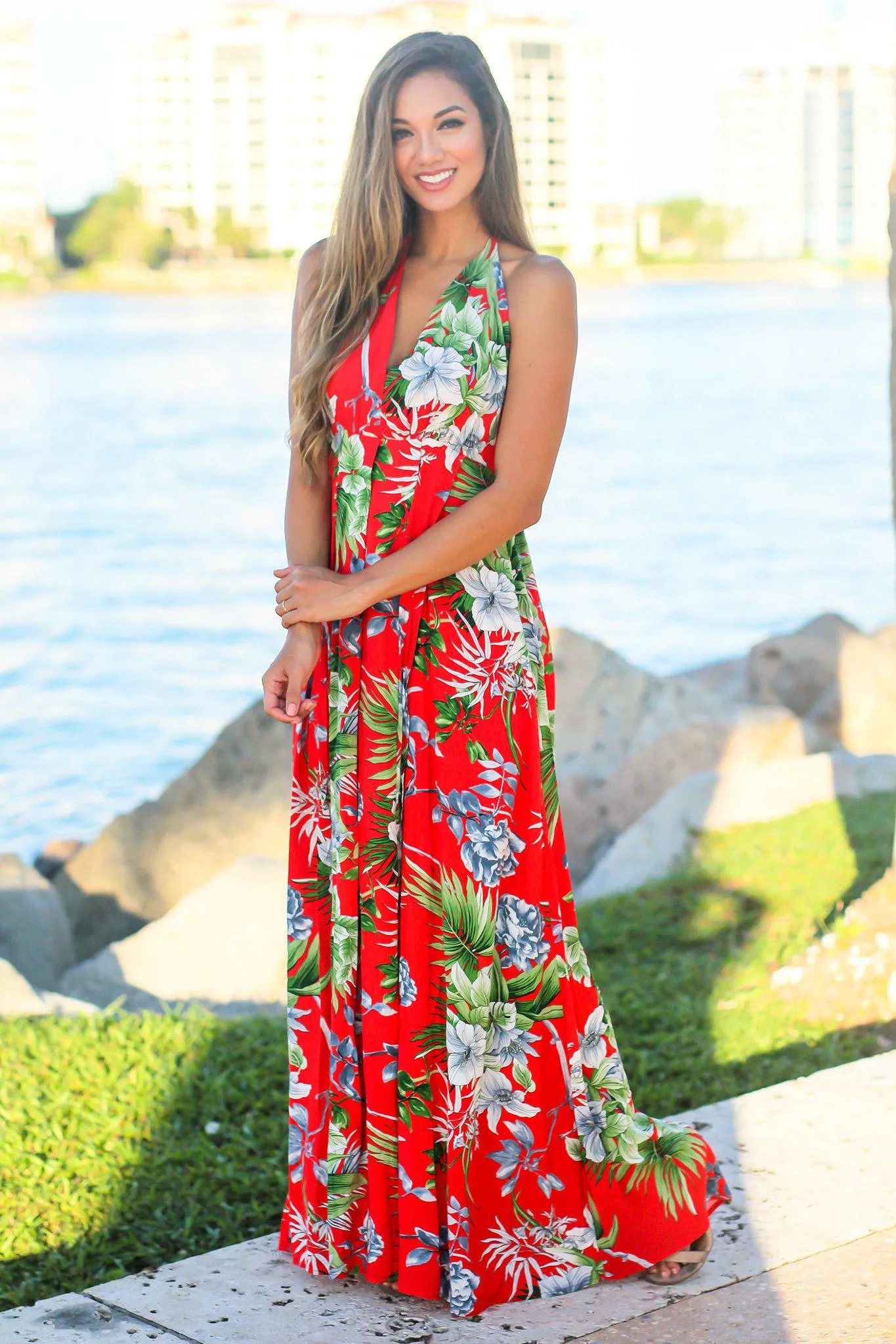 Red Tropical Halter Neck Maxi Dress