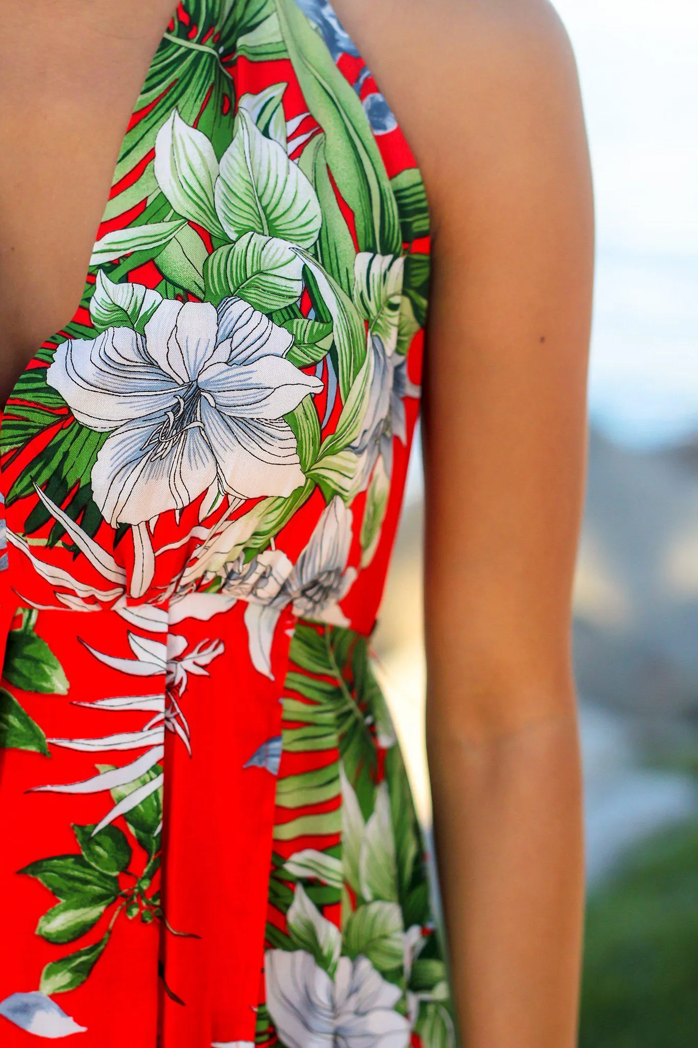 Red Tropical Halter Neck Maxi Dress