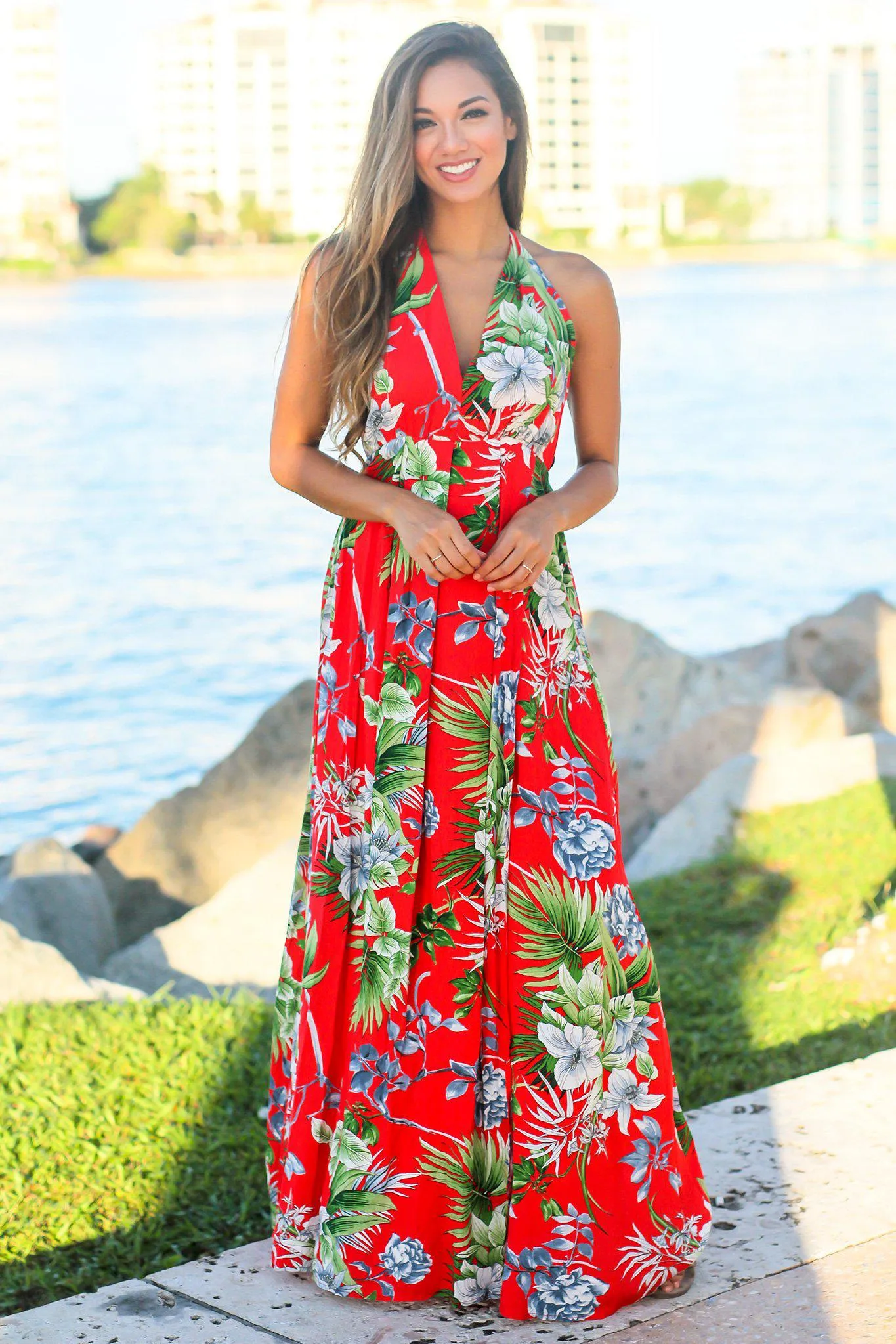 Red Tropical Halter Neck Maxi Dress