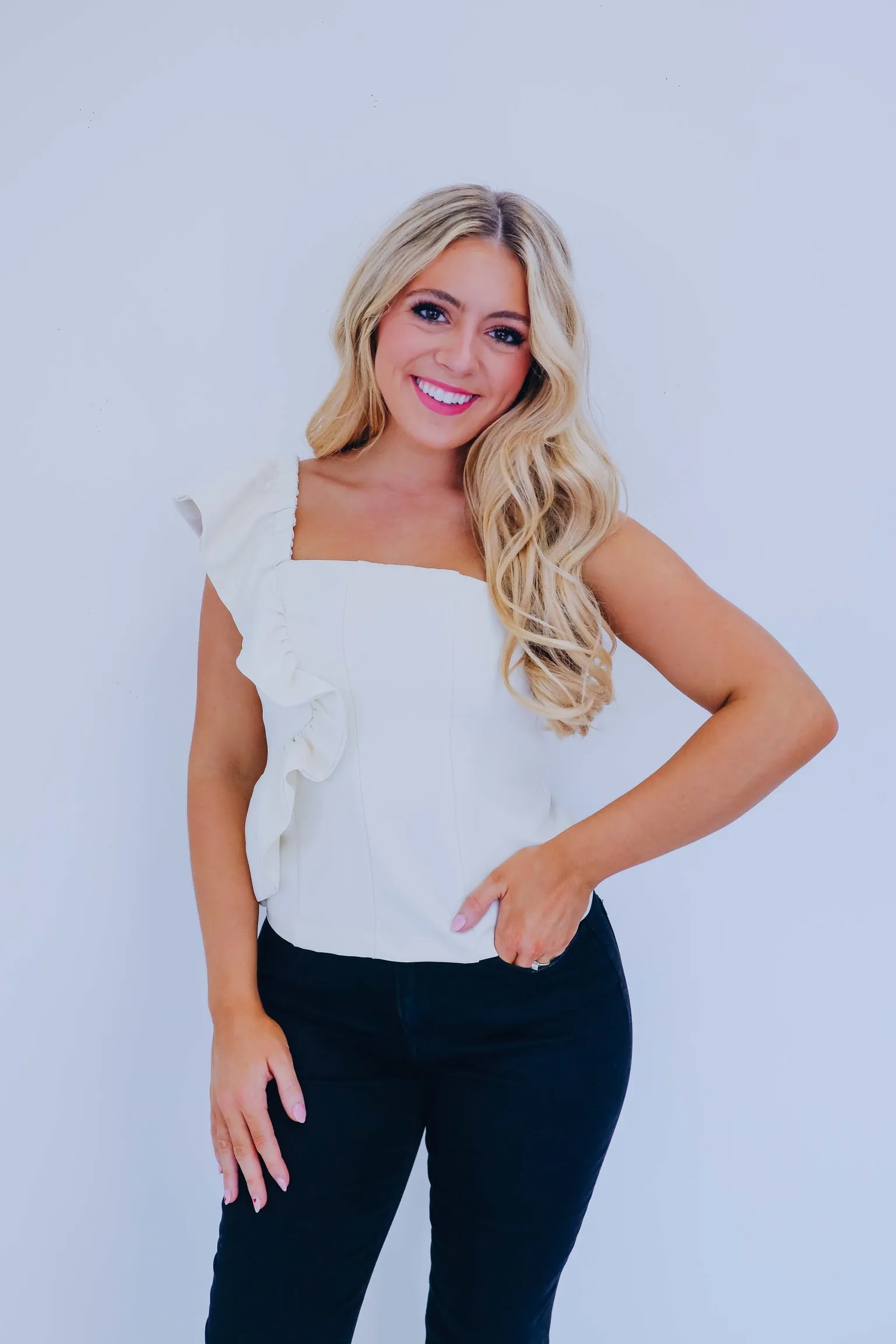 Reva Ruffle One Shoulder Peplum Top - Ivory