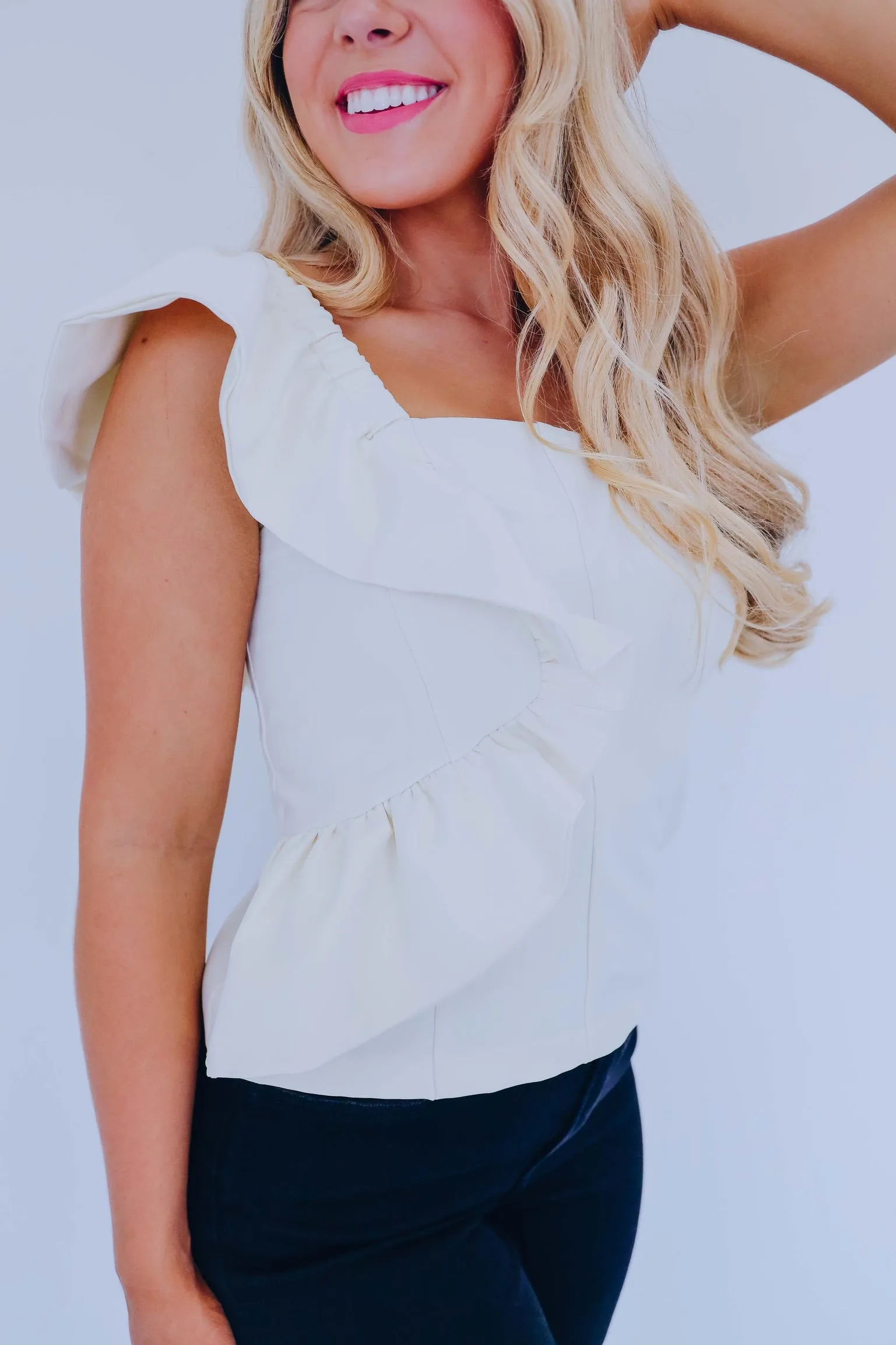 Reva Ruffle One Shoulder Peplum Top - Ivory