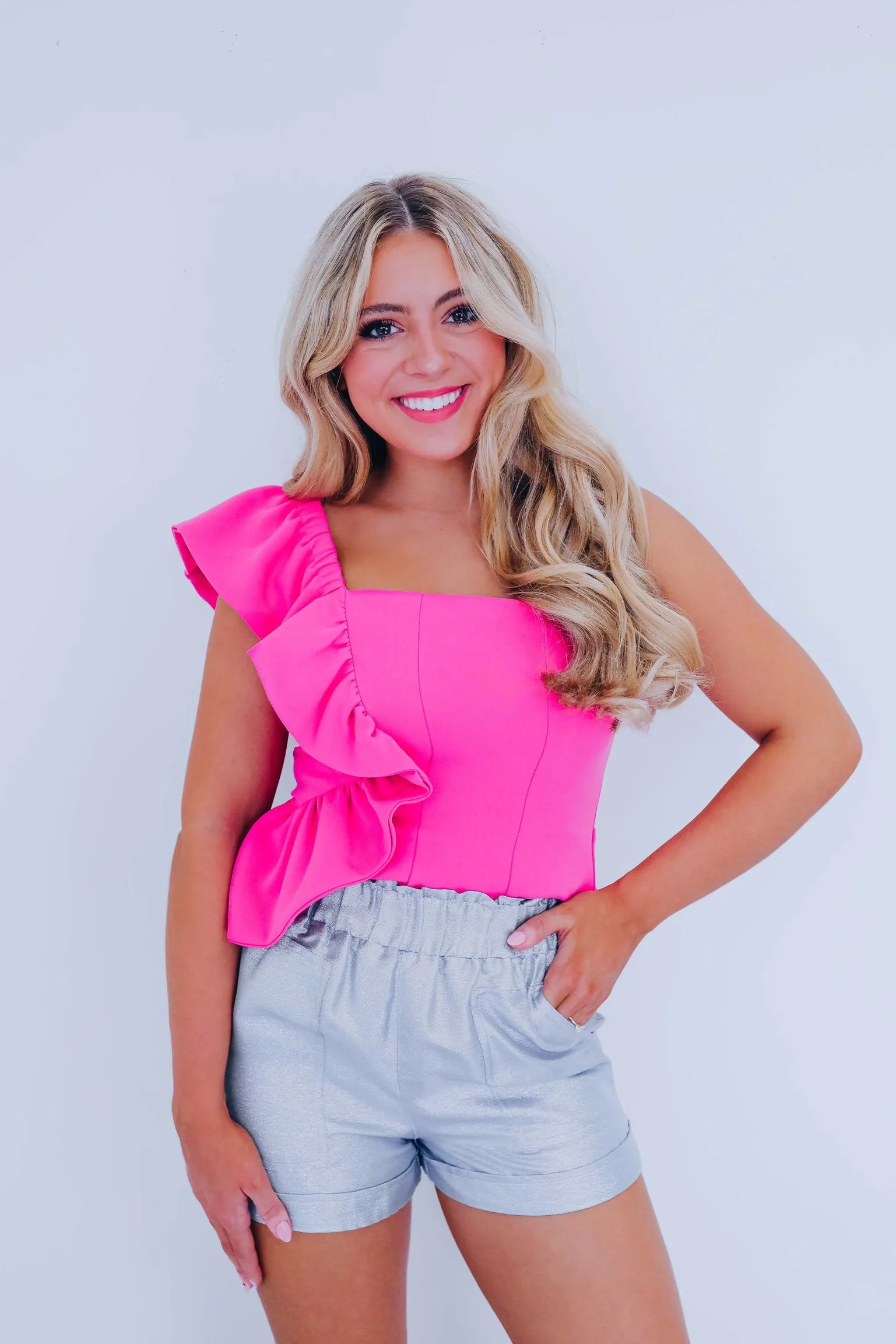 Reva Ruffle One Shoulder Peplum Top - Pink