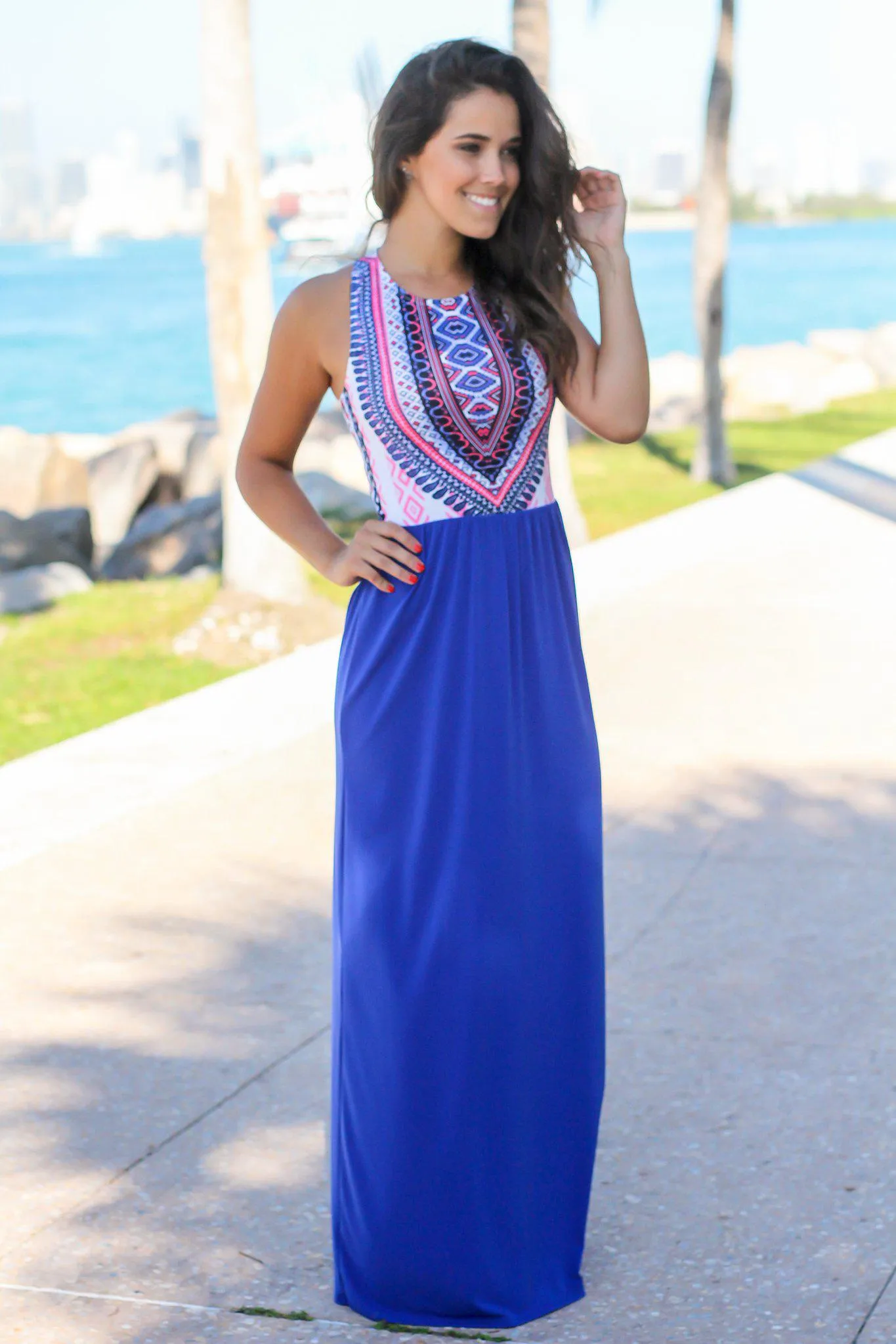 Royal Blue Tribal Maxi Dress with Cut Out Back