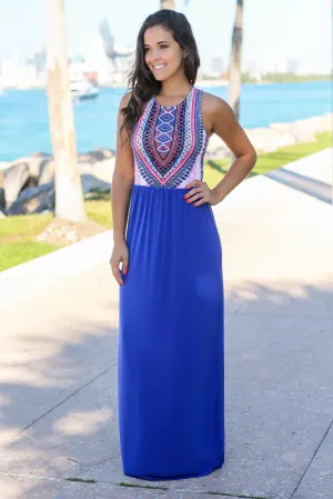 Royal Blue Tribal Maxi Dress with Cut Out Back