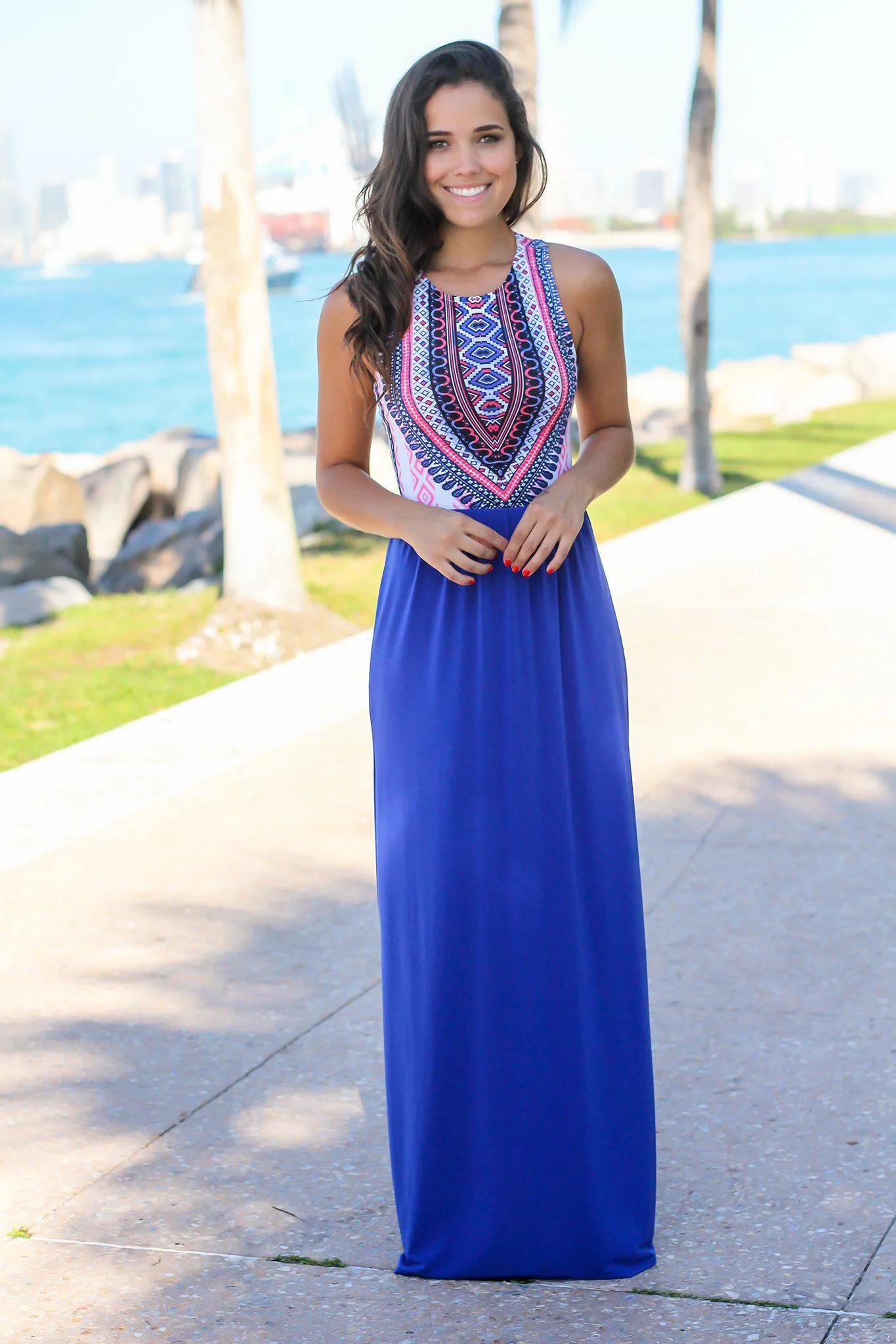 Royal Blue Tribal Maxi Dress with Cut Out Back