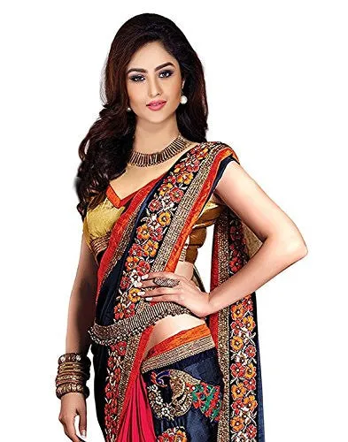 Sareeshop Women's Faux Georgette Saree (Kukimore_Navy Blue And Red_Free Size)