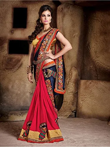 Sareeshop Women's Faux Georgette Saree (Kukimore_Navy Blue And Red_Free Size)