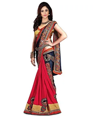 Sareeshop Women's Faux Georgette Saree (Kukimore_Navy Blue And Red_Free Size)