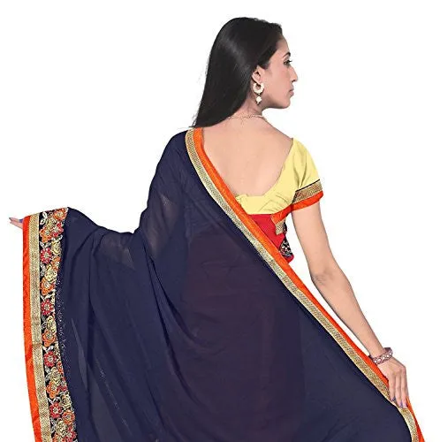 Sareeshop Women's Faux Georgette Saree (Kukimore_Navy Blue And Red_Free Size)