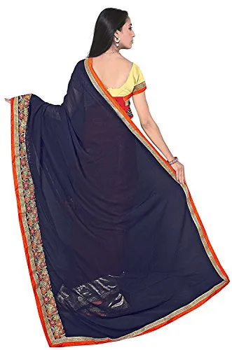 Sareeshop Women's Faux Georgette Saree (Kukimore_Navy Blue And Red_Free Size)