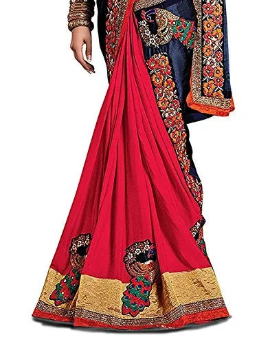 Sareeshop Women's Faux Georgette Saree (Kukimore_Navy Blue And Red_Free Size)