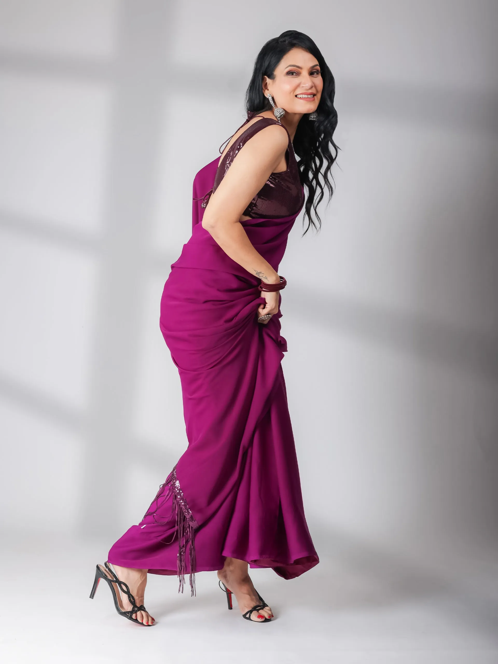 SET | Cocktail Plum Saree With Wine Sequin Sleeveless Blouse - 2 Piece